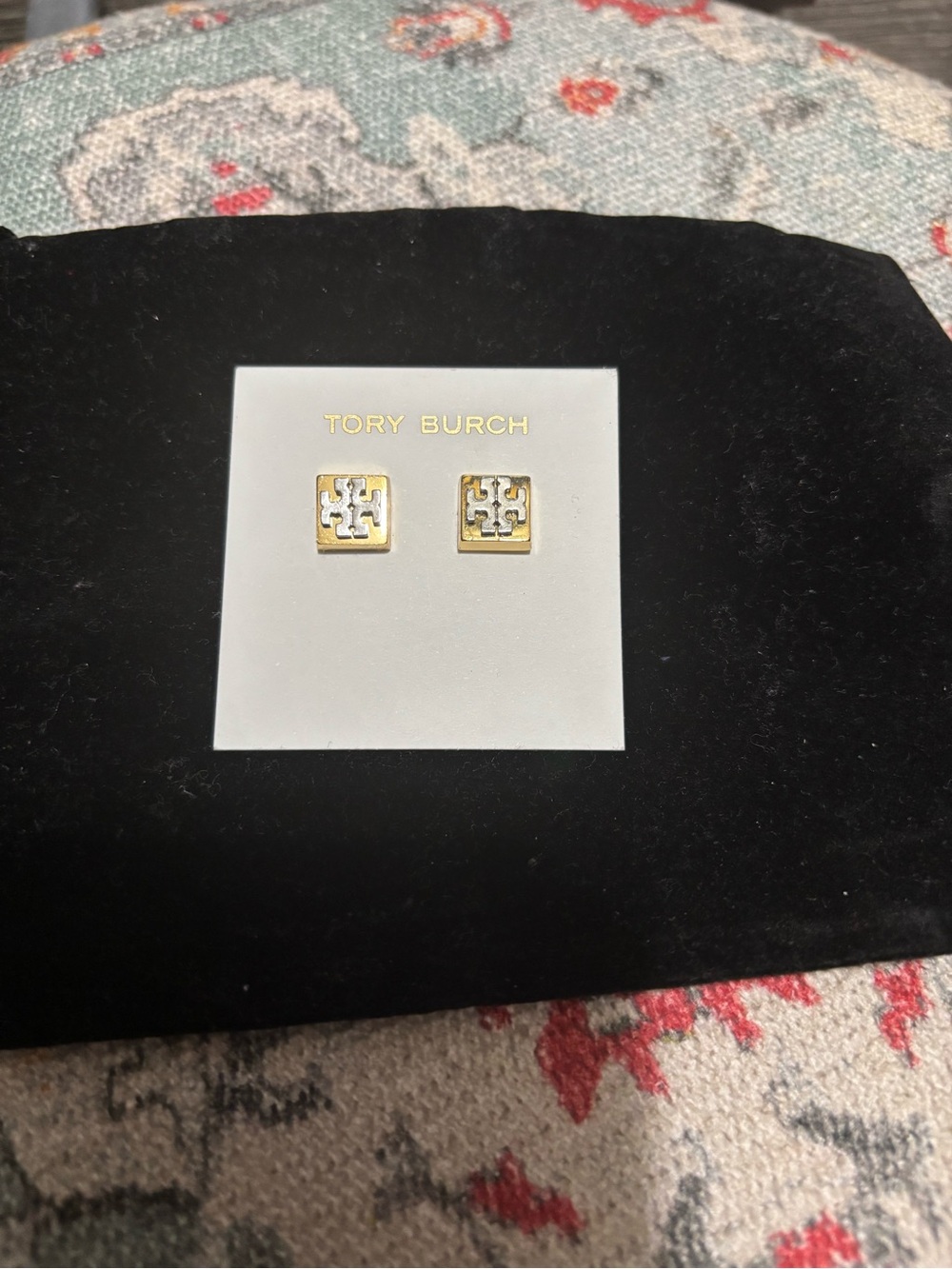 NWOT -Tory Burch Block-T Logo Stud Earrings in a two-tone gold and silver finish